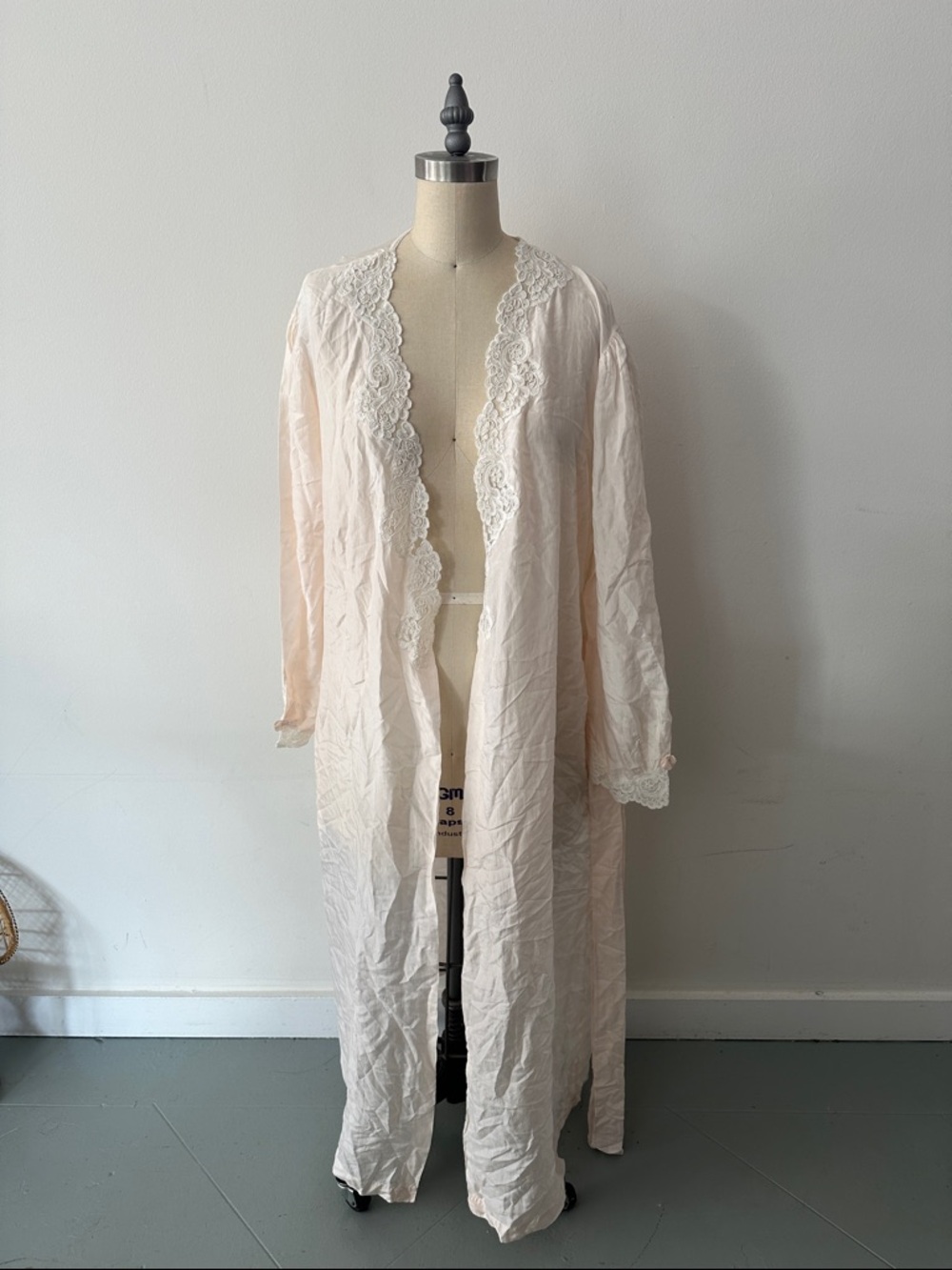 Long Lace-Trim Robe in Soft Blush 100% Silk